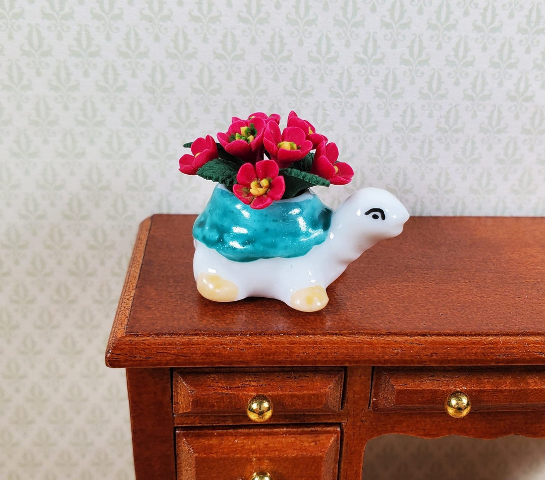 Dollhouse Magenta Flowers in a Ceramic Turtle Planter 1:12 Scale Miniature - MiniatureCrush