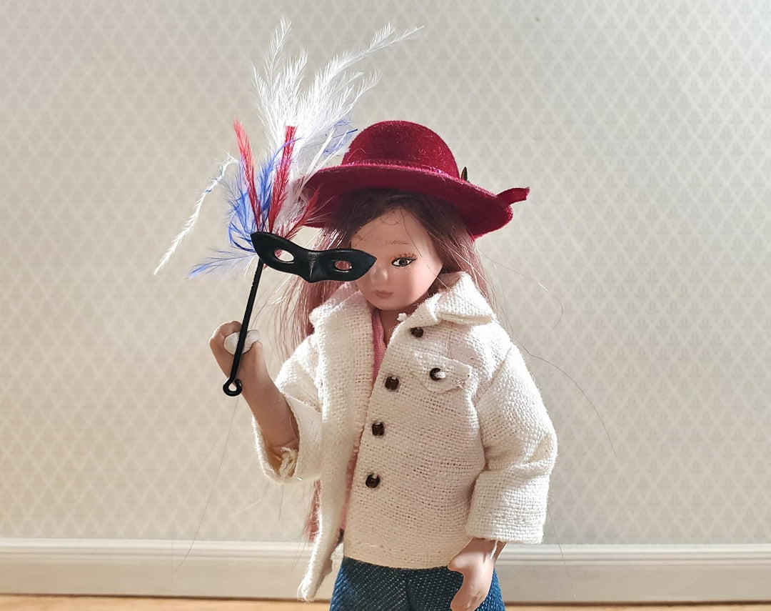 Dollhouse Mardi Gras Mask on Stick with Feathers 1:12 Scale Miniature - MiniatureCrush