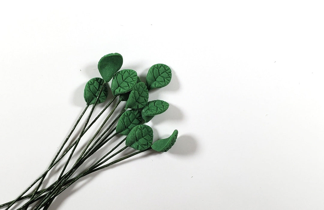 Dollhouse Medium Green Leaves Long Stem Set of 10 1:12 Scale Miniature - MiniatureCrush