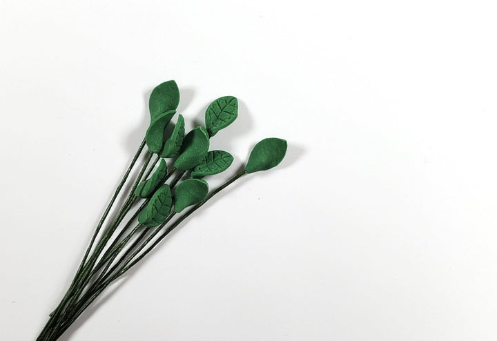 Dollhouse Medium Green Leaves Long Stem Set of 10 Oval 1:12 Scale Miniature - MiniatureCrush