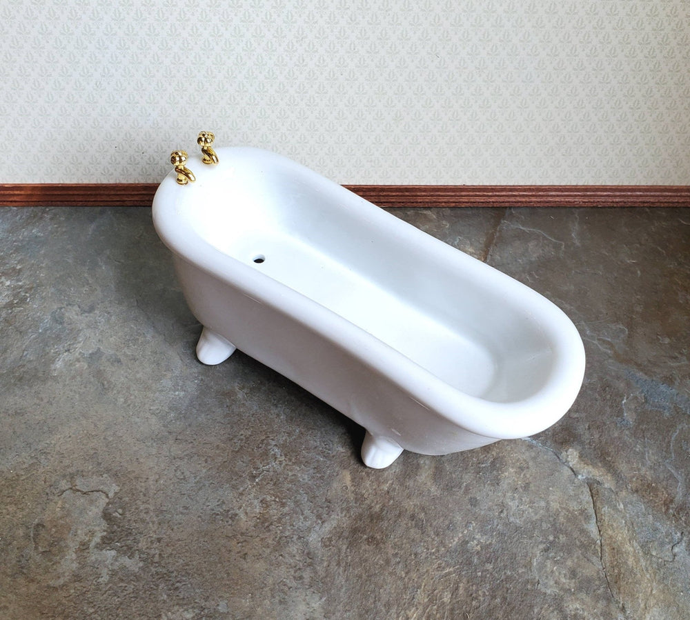 Dollhouse Miniature Bathtub Gold Faucets White Ceramic 1:12 Scale Bathroom Tub - Miniature Crush