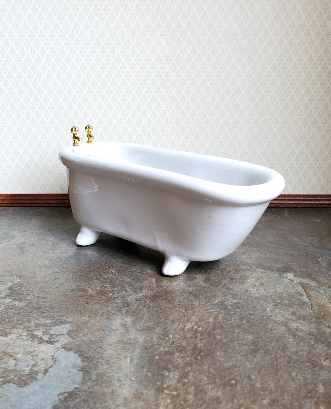 Dollhouse Miniature Bathtub Gold Faucets White Ceramic 1:12 Scale Bathroom Tub - Miniature Crush