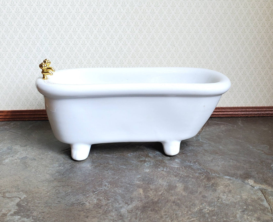 Dollhouse Miniature Bathtub Gold Faucets White Ceramic 1:12 Scale Bathroom Tub - Miniature Crush