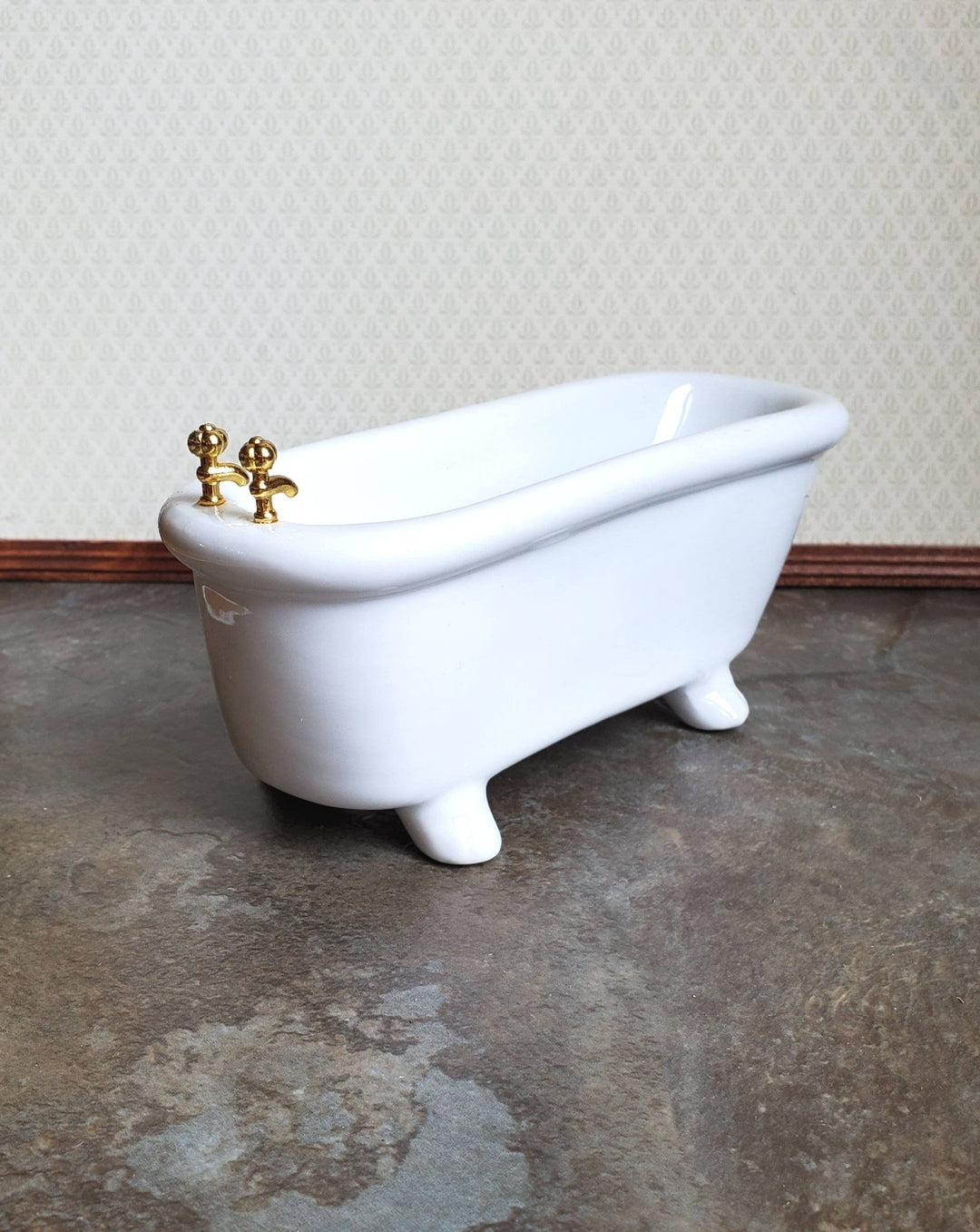 Dollhouse Miniature Bathtub Gold Faucets White Ceramic 1:12 Scale Bathroom Tub - Miniature Crush