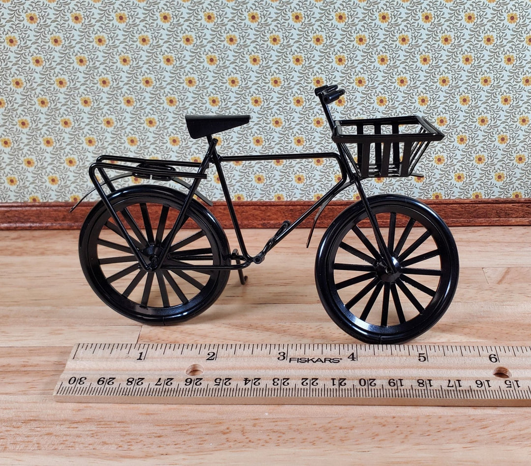 Dollhouse Miniature Bike Bicycle with Basket Black Metal 1:12 Scale Modern - Miniature Crush