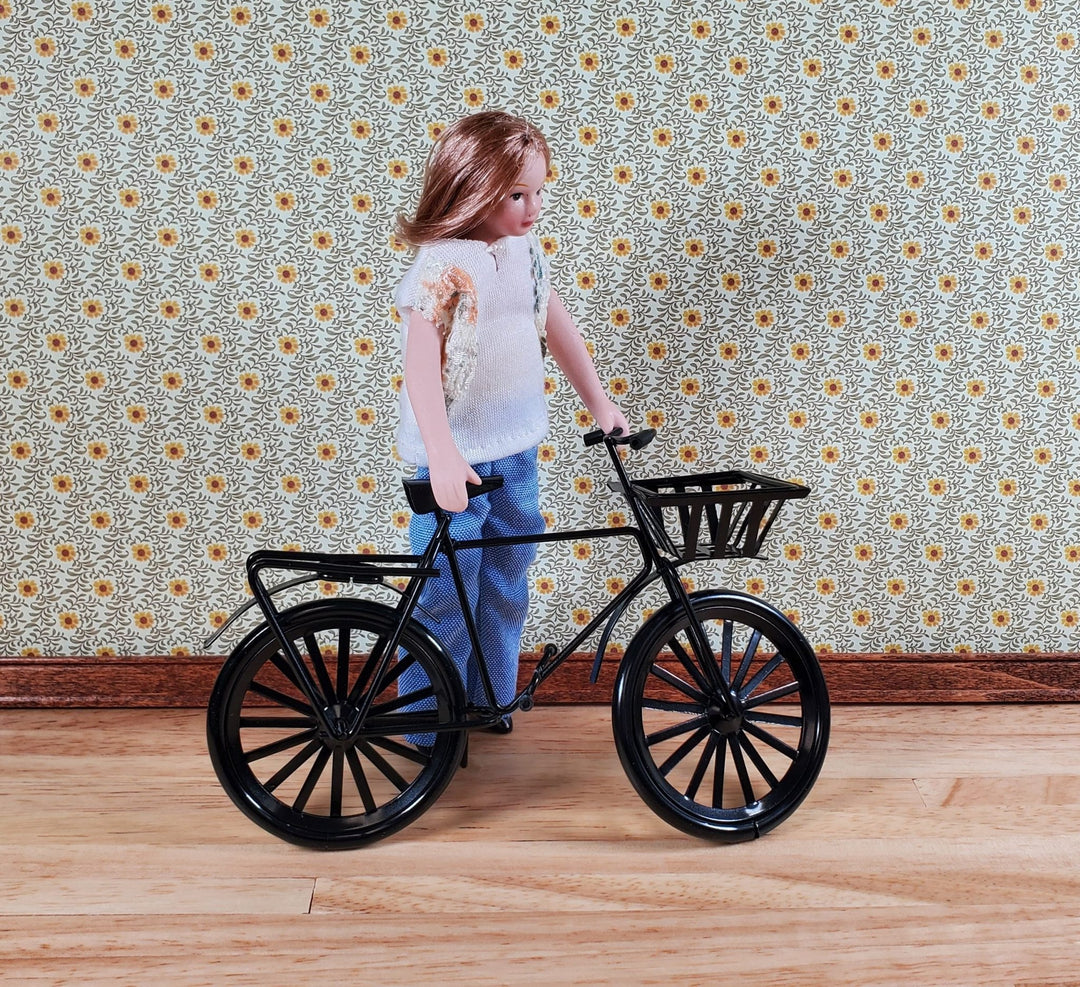 Dollhouse Miniature Bike Bicycle with Basket Black Metal 1:12 Scale Modern - Miniature Crush