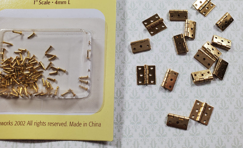 Dollhouse Miniature Butt Hinges Working x16 Gold Brass 1:12 Scale Includes Nails - MiniatureCrush