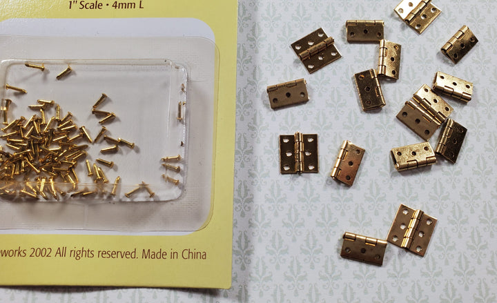 Dollhouse Miniature Butt Hinges Working x16 Gold Brass 1:12 Scale Includes Nails - MiniatureCrush