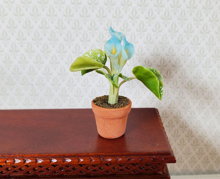 Dollhouse Miniature Calla Lilies Speckled Leaves in Terra Cotta Pot 1:12 Scale - MiniatureCrush