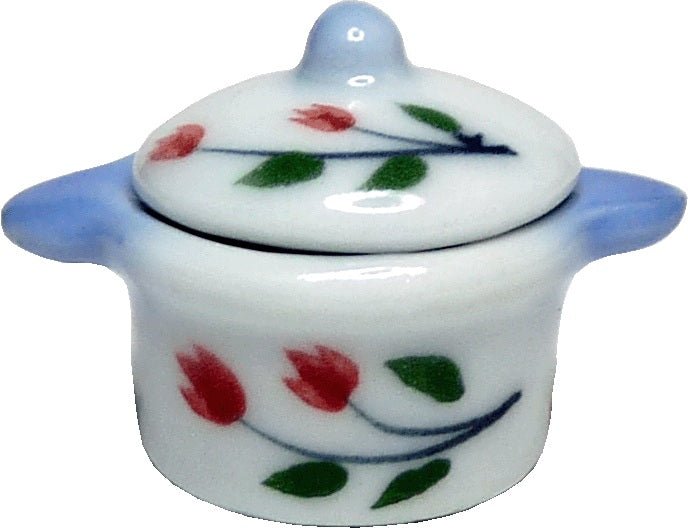 Dollhouse Miniature Ceramic Stock Pot with Lid Blue & Red Floral 1:12 Scale - MiniatureCrush