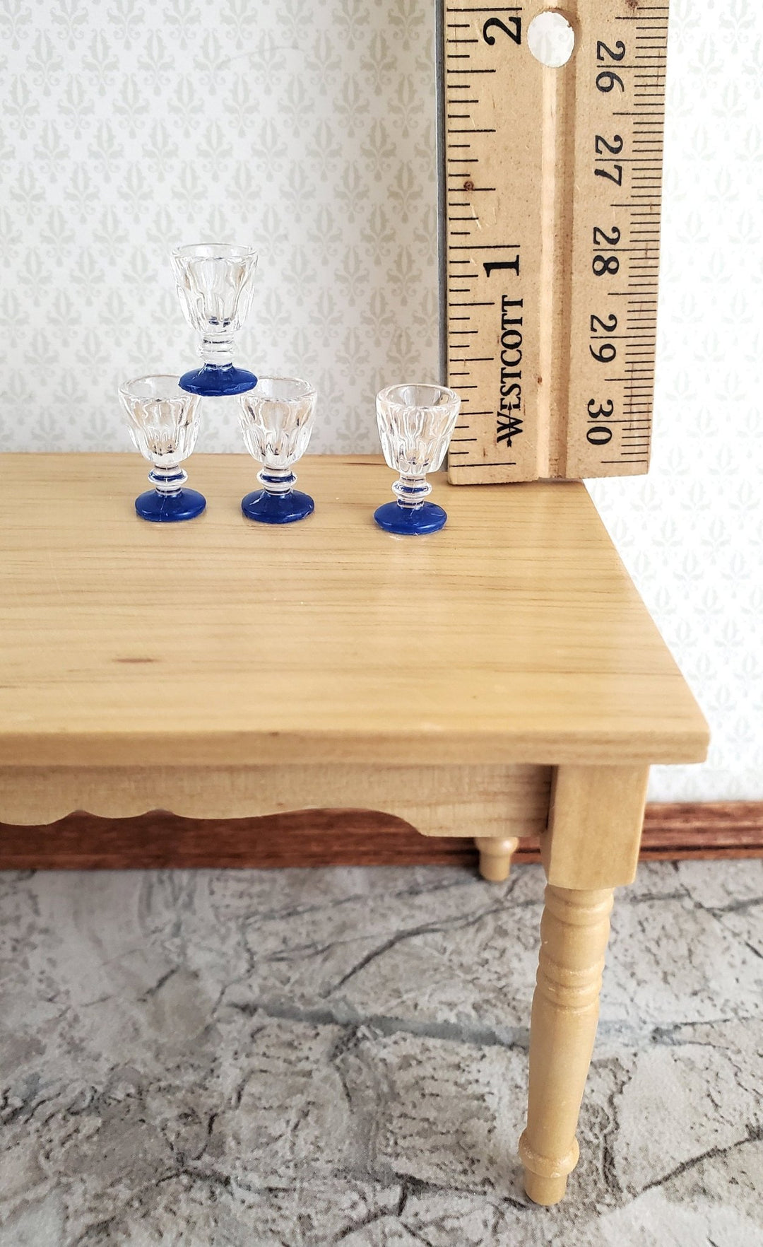 Dollhouse Miniature Glasses Clear (plastic) with Blue Base x4 1:12 Scale Stemware Wine Glasses - Miniature Crush