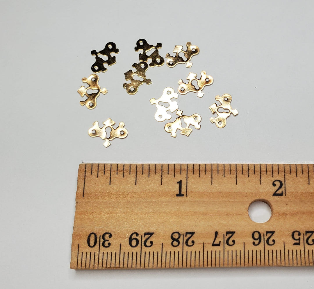 Dollhouse Miniature Key Plate x10 Gold Plated Brass 1:12 Scale Chippendale Style - MiniatureCrush