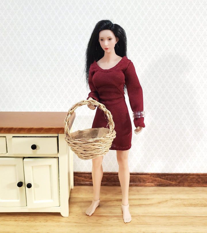 Dollhouse Miniature Large Basket Natural Fiber Round with Handle - Miniature Crush