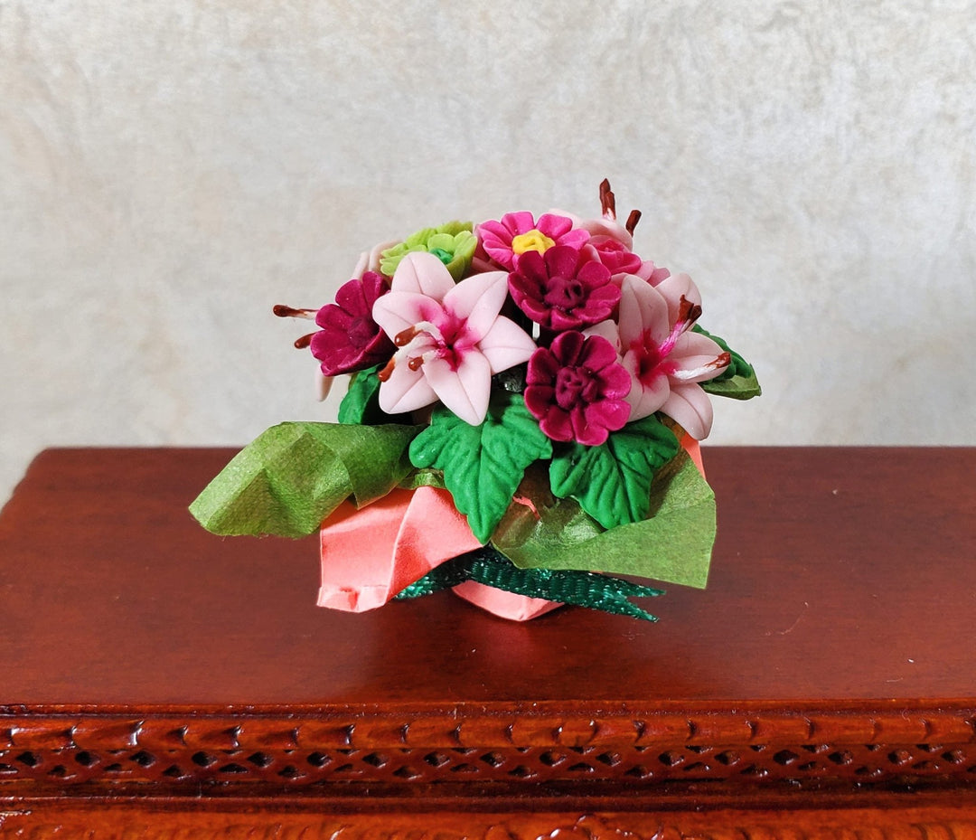 Dollhouse Miniature Magenta Floral Arrangement in Pink Wrapper 1:12 Scale - MiniatureCrush