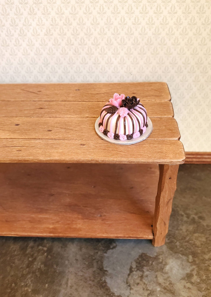 Dollhouse Miniature Round Cake with Flowers 1:12 Scale Pink & Chocolate Striped - MiniatureCrush