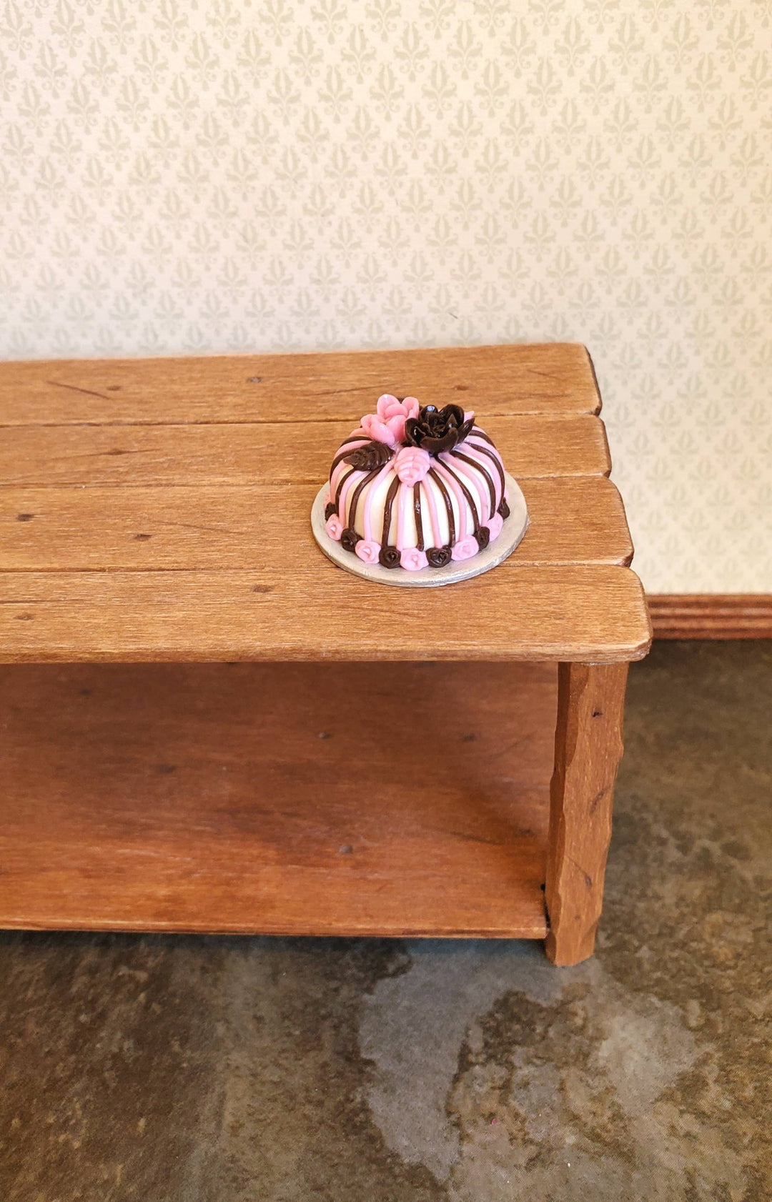 Dollhouse Miniature Round Cake with Flowers 1:12 Scale Pink & Chocolate Striped - MiniatureCrush