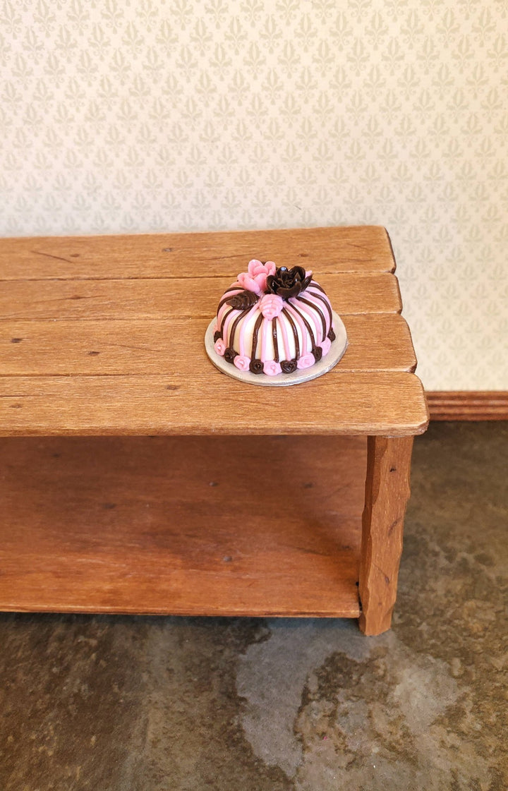 Dollhouse Miniature Round Cake with Flowers 1:12 Scale Pink & Chocolate Striped - MiniatureCrush