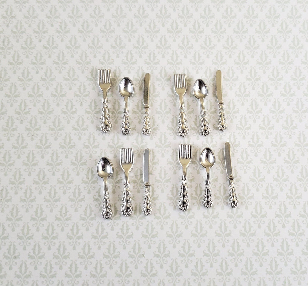 Dollhouse Miniature Silver Flatware Silverware Fancy Set 4 Place Settings 1:12 Scale - MiniatureCrush