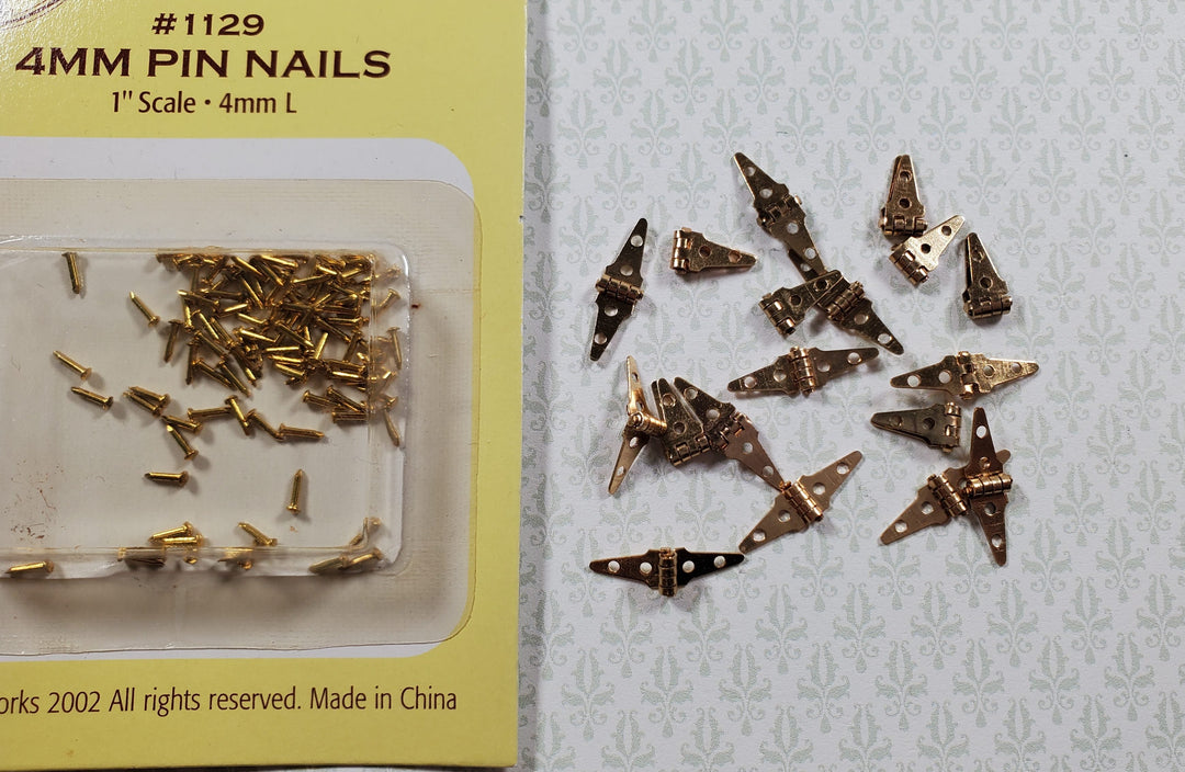 Dollhouse Miniature Triangle Hinges Working x24 Gold Brass 1:12 Scale w/Nails - MiniatureCrush