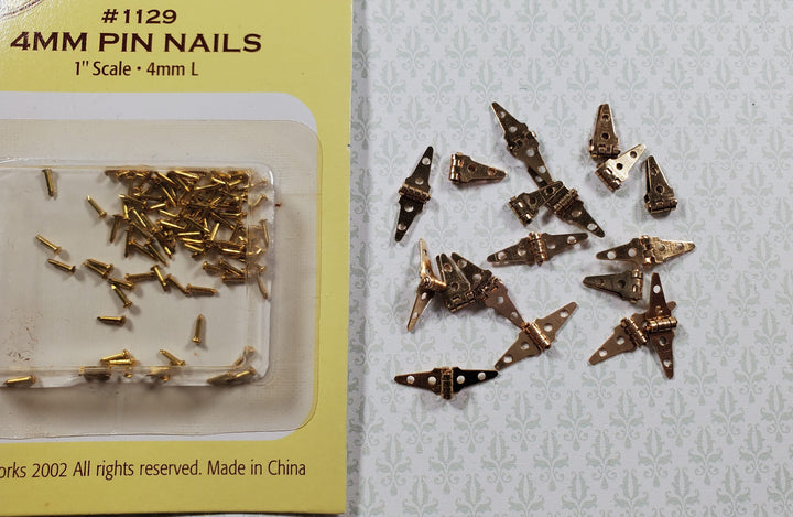 Dollhouse Miniature Triangle Hinges Working x24 Gold Brass 1:12 Scale w/Nails - MiniatureCrush