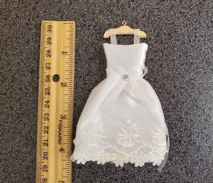 Dollhouse Miniature Wedding Dress on Hanger White by Reutter 1:12 Scale - MiniatureCrush