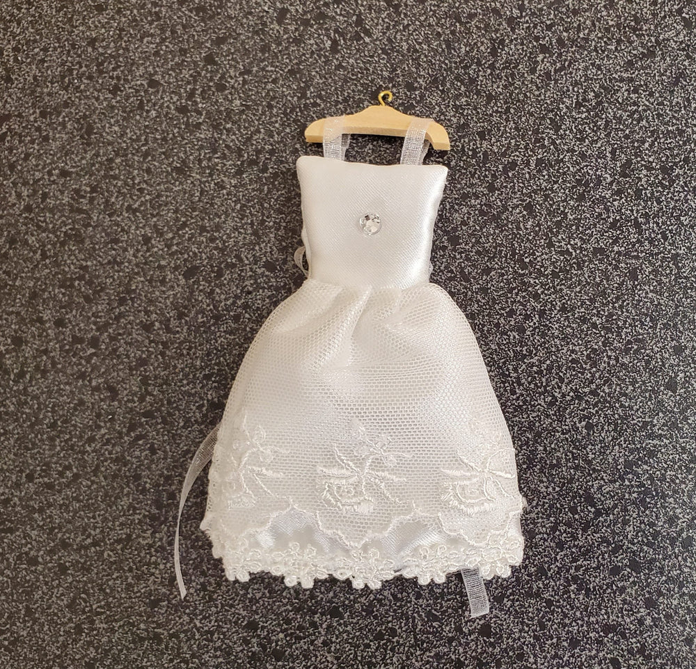 Dollhouse Miniature Wedding Dress on Hanger White by Reutter 1:12 Scale - MiniatureCrush
