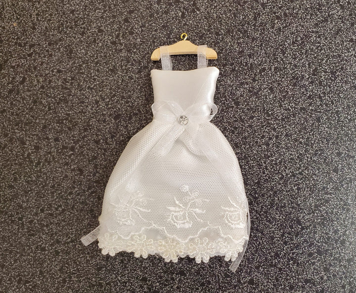 Dollhouse Miniature Wedding Dress on Hanger White by Reutter 1:12 Scale - MiniatureCrush