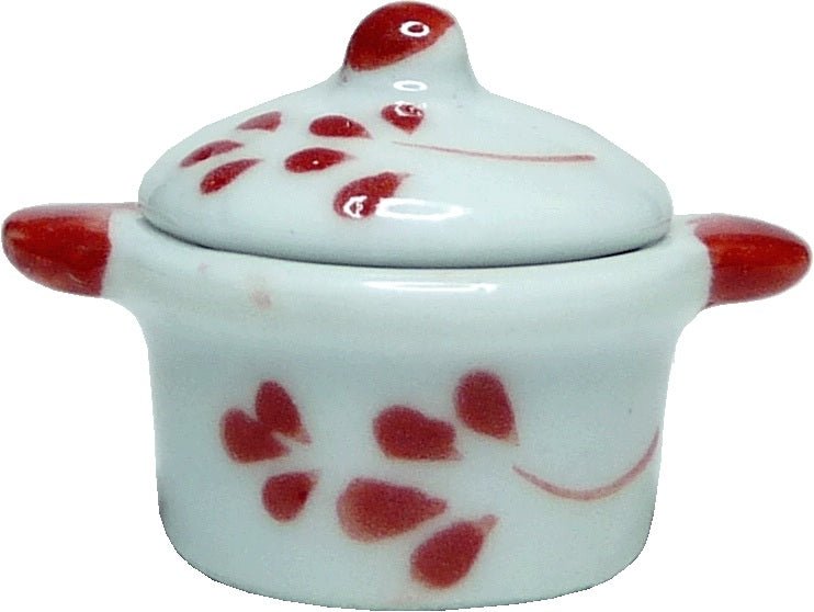 Dollhouse Miniature White Ceramic Stock Pot with Lid Red Pattern 1:12 Scale - MiniatureCrush