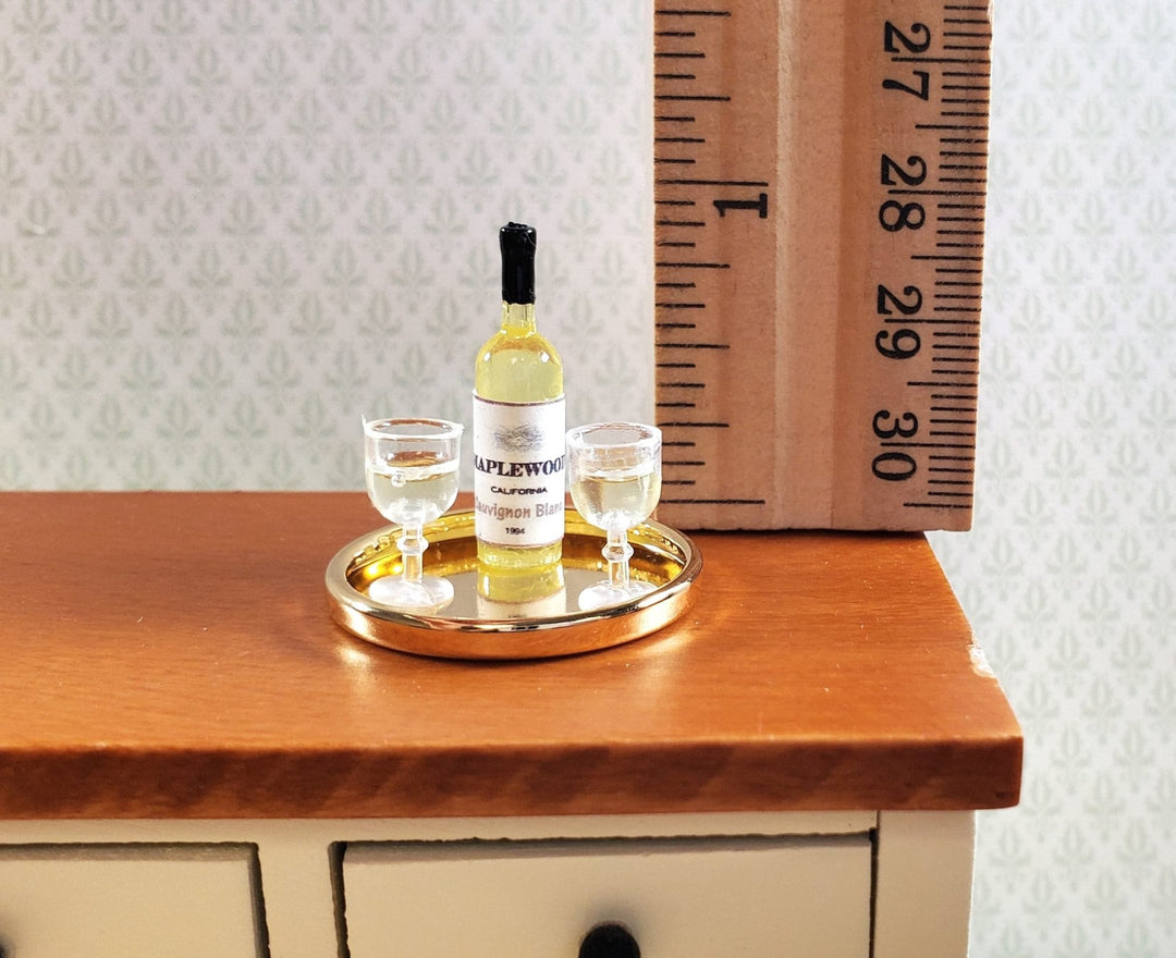 Dollhouse Miniature White Wine Bottle & 2 Filled Wine Glasses on Tray 1:12 Scale - MiniatureCrush