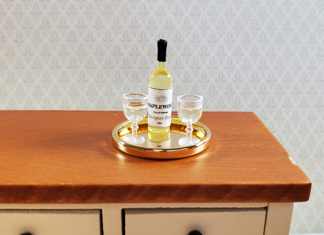 Dollhouse Miniature White Wine Bottle & 2 Filled Wine Glasses on Tray 1:12 Scale - MiniatureCrush