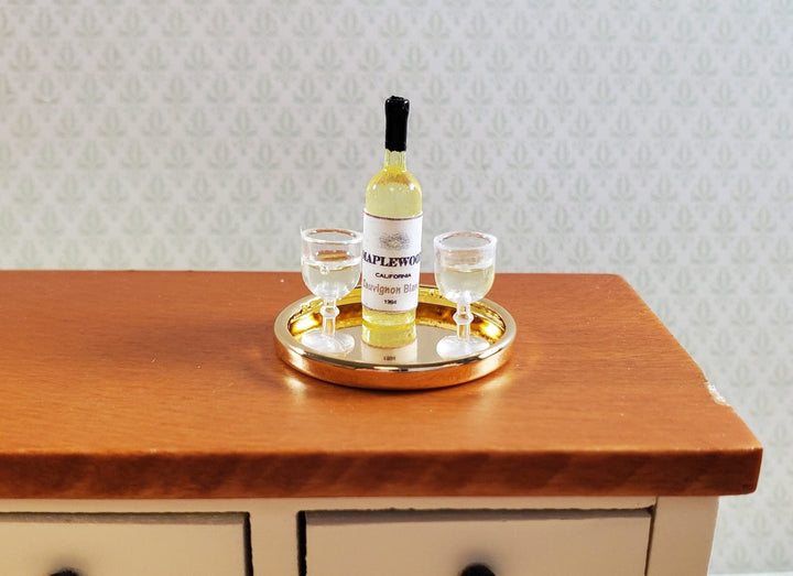 Dollhouse Miniature White Wine Bottle & 2 Filled Wine Glasses on Tray 1:12 Scale - MiniatureCrush