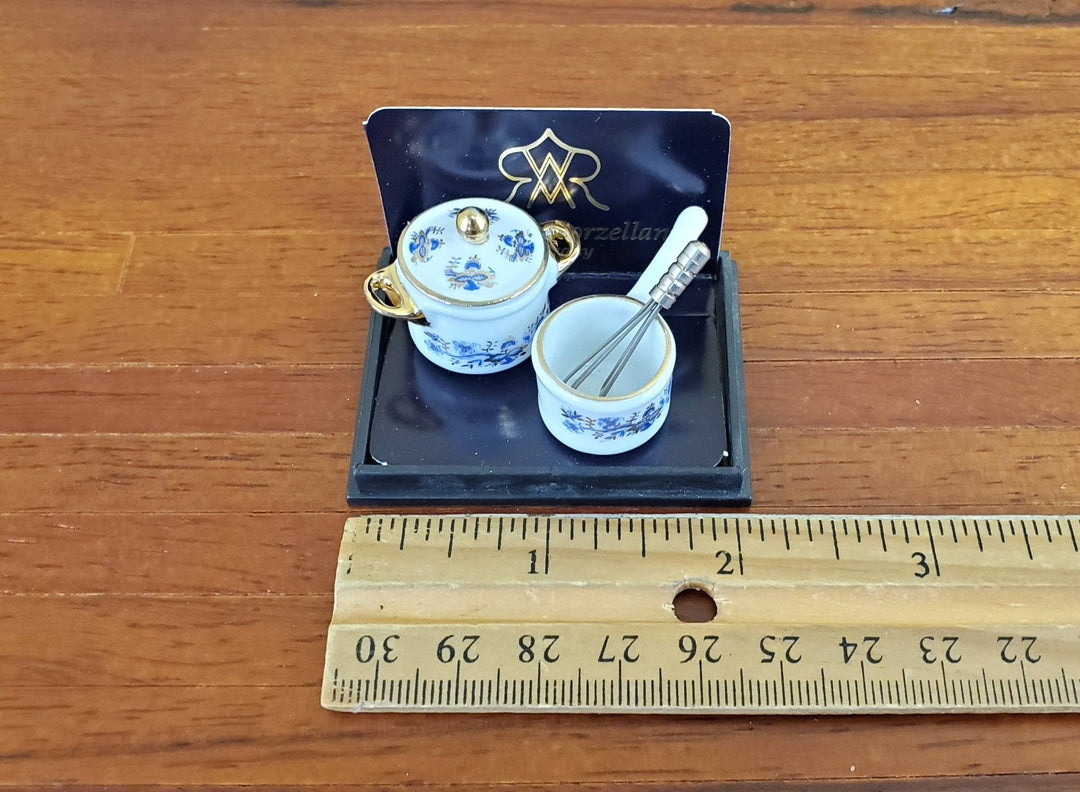 Dollhouse Miniatures Sauce Pan, Whisk & Pot Dishes Reutter Porcelain 1:12 Scale Blue White - Miniature Crush