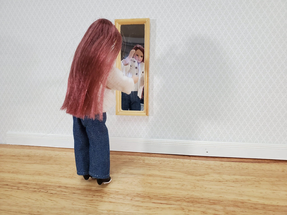 Dollhouse Mirror Full Length Dressing Wood Frame Modern 1:12 Scale Light Oak - Miniature Crush