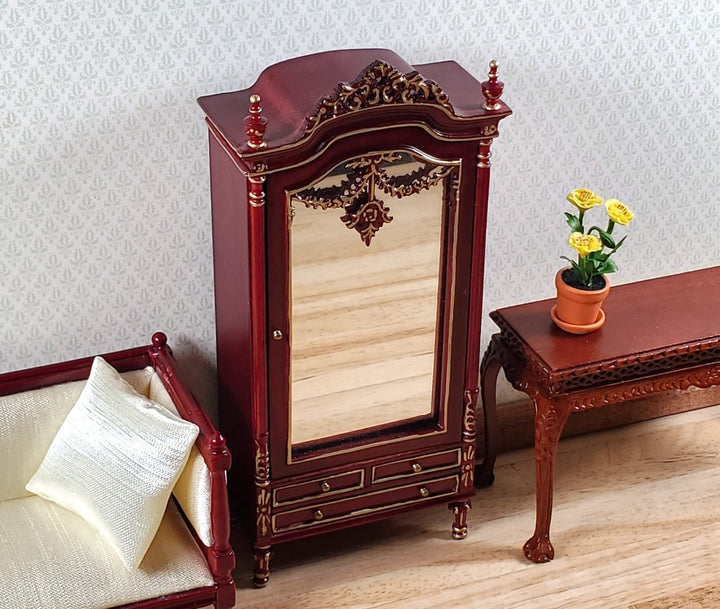 Dollhouse Mirrored Wardrobe Mahogany Finish 1:12 Scale by Hasson Miniatures - MiniatureCrush