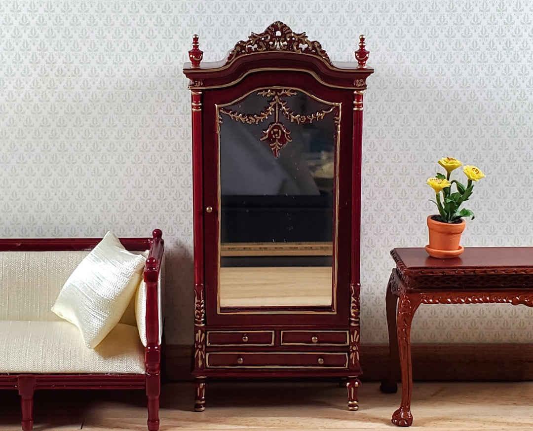 Dollhouse Mirrored Wardrobe Mahogany Finish 1:12 Scale by Hasson Miniatures - MiniatureCrush