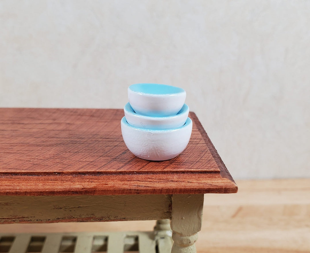 Dollhouse Mixing Bowls White and Aqua Set of 3 1:12 Scale Miniatures - MiniatureCrush