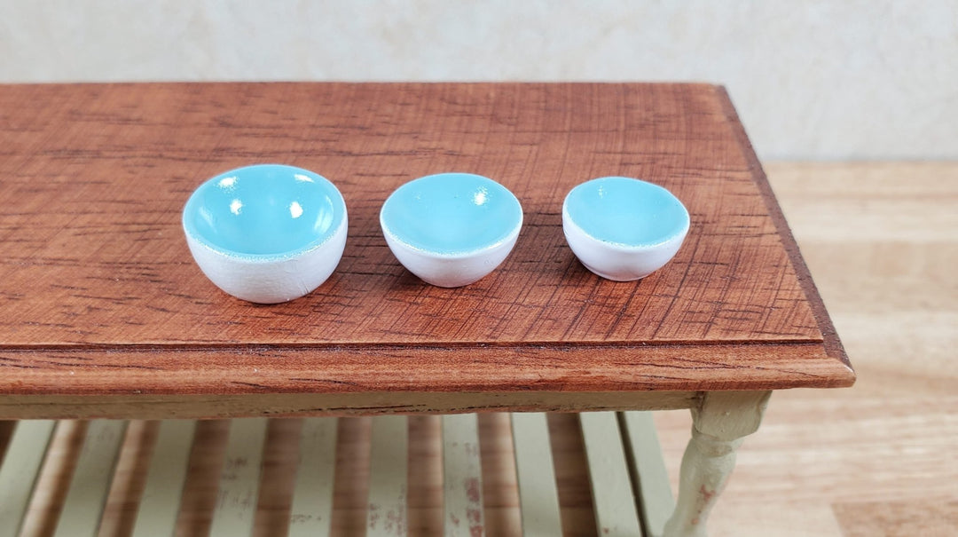 Dollhouse Mixing Bowls White and Aqua Set of 3 1:12 Scale Miniatures - MiniatureCrush