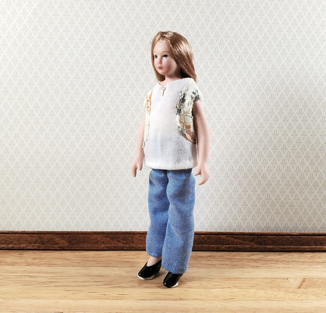 Dollhouse Modern Woman Doll Mom in Jeans Porcelain Poseable 1:12 Scale - Miniature Crush