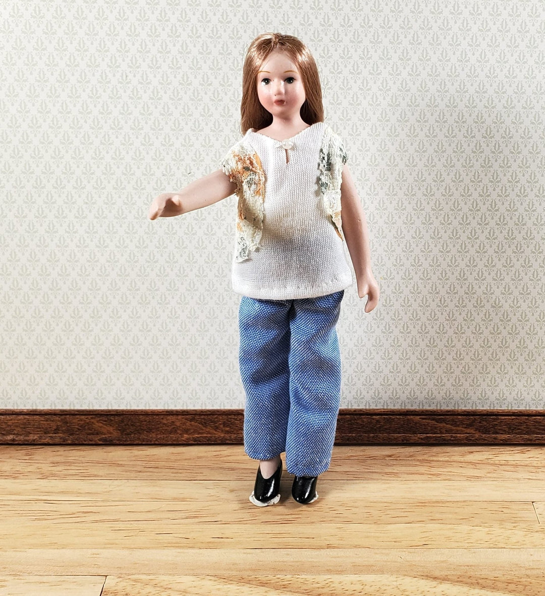 Dollhouse Modern Woman Doll Mom in Jeans Porcelain Poseable 1:12 Scale - Miniature Crush