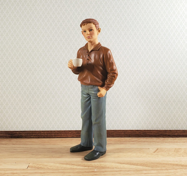 Dollhouse Modern Young Man Dad Male with Coffee Standing 1:12 Scale "Russ" - MiniatureCrush