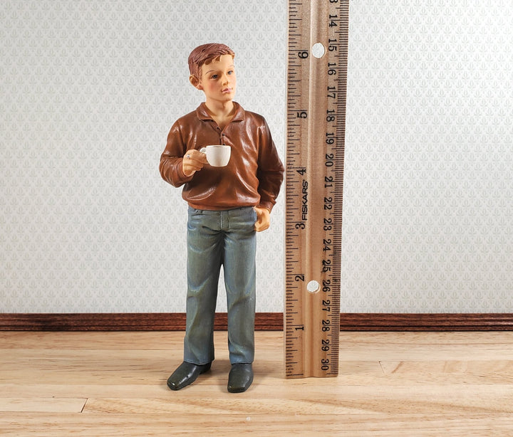Dollhouse Modern Young Man Dad Male with Coffee Standing 1:12 Scale "Russ" - MiniatureCrush