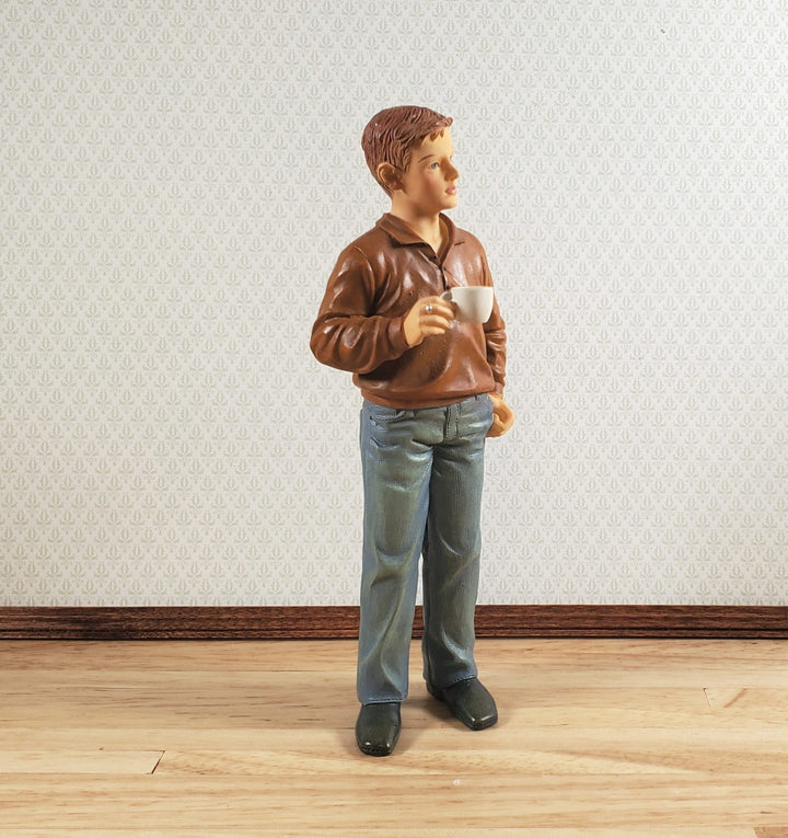 Dollhouse Modern Young Man Dad Male with Coffee Standing 1:12 Scale "Russ" - MiniatureCrush