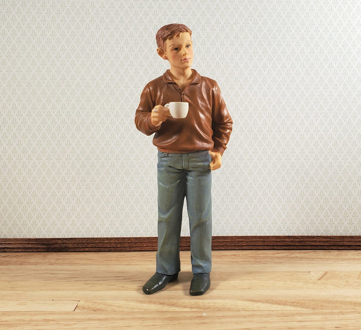 Dollhouse Modern Young Man Dad Male with Coffee Standing 1:12 Scale "Russ" - MiniatureCrush