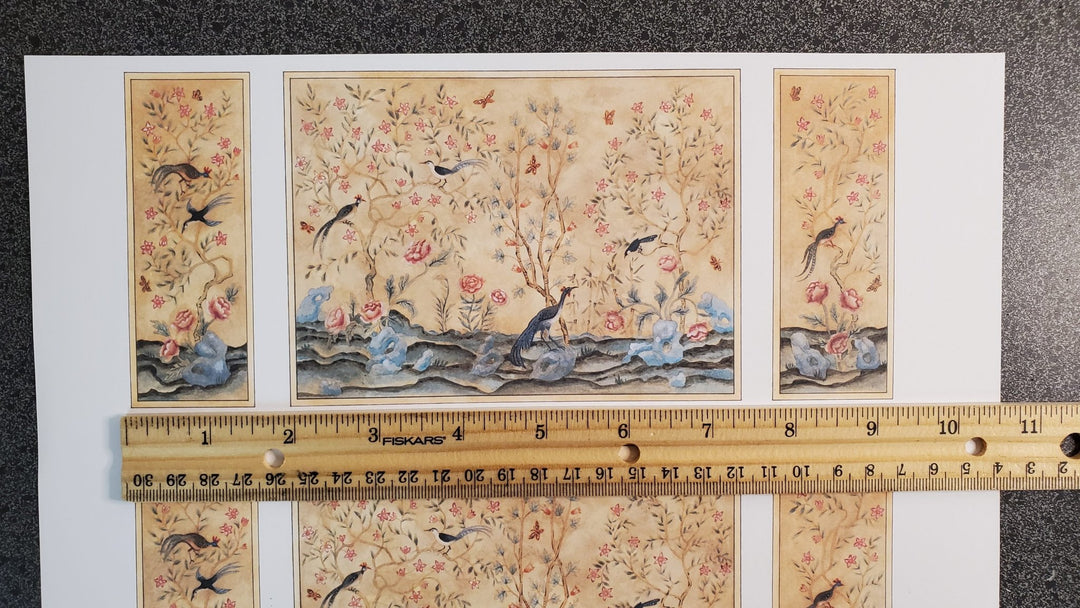 Dollhouse Mural Birds and Flowers Wall Panels 3 Pieces 1:12 Scale Wallpaper - MiniatureCrush