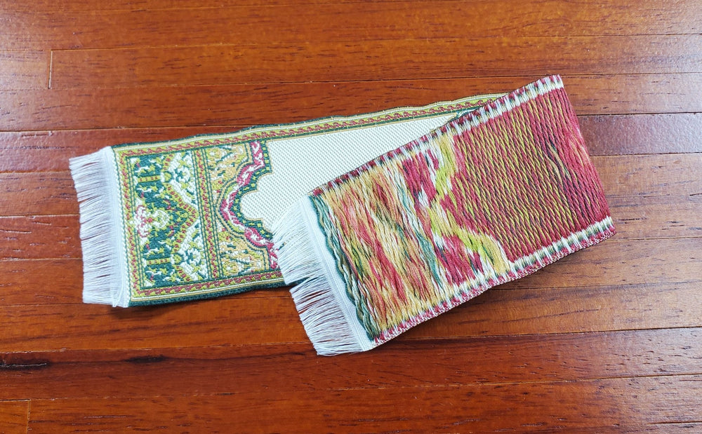 Dollhouse Narrow Carpet Rug Runner Gold Green Woven Fabric 1:12 Scale - MiniatureCrush
