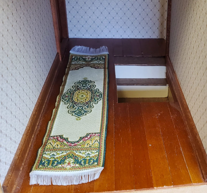 Dollhouse Narrow Carpet Rug Runner Gold Green Woven Fabric 1:12 Scale - MiniatureCrush
