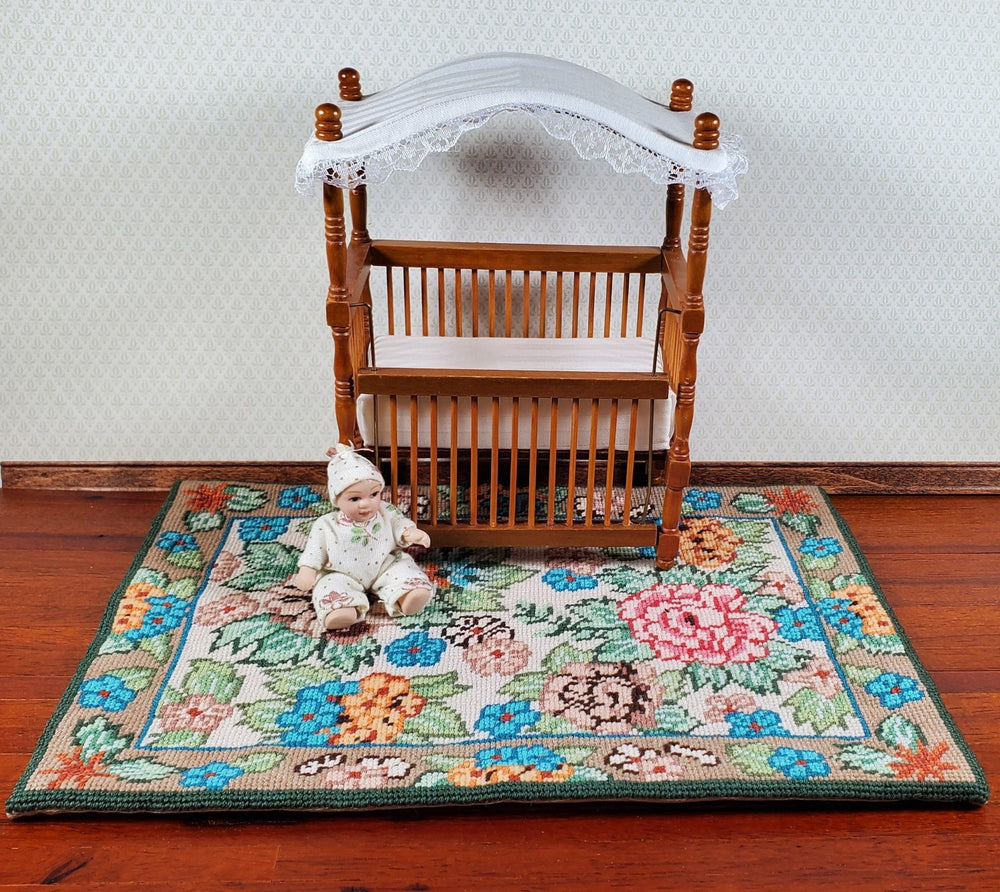 Dollhouse Needlepoint Rug Large Aubusson Style 1:12 Scale Carpet Floral - MiniatureCrush