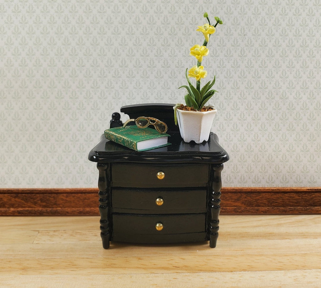 Dollhouse Night Stand Side Table Black 3 Drawers 1:12 Scale Wood Miniature - MiniatureCrush