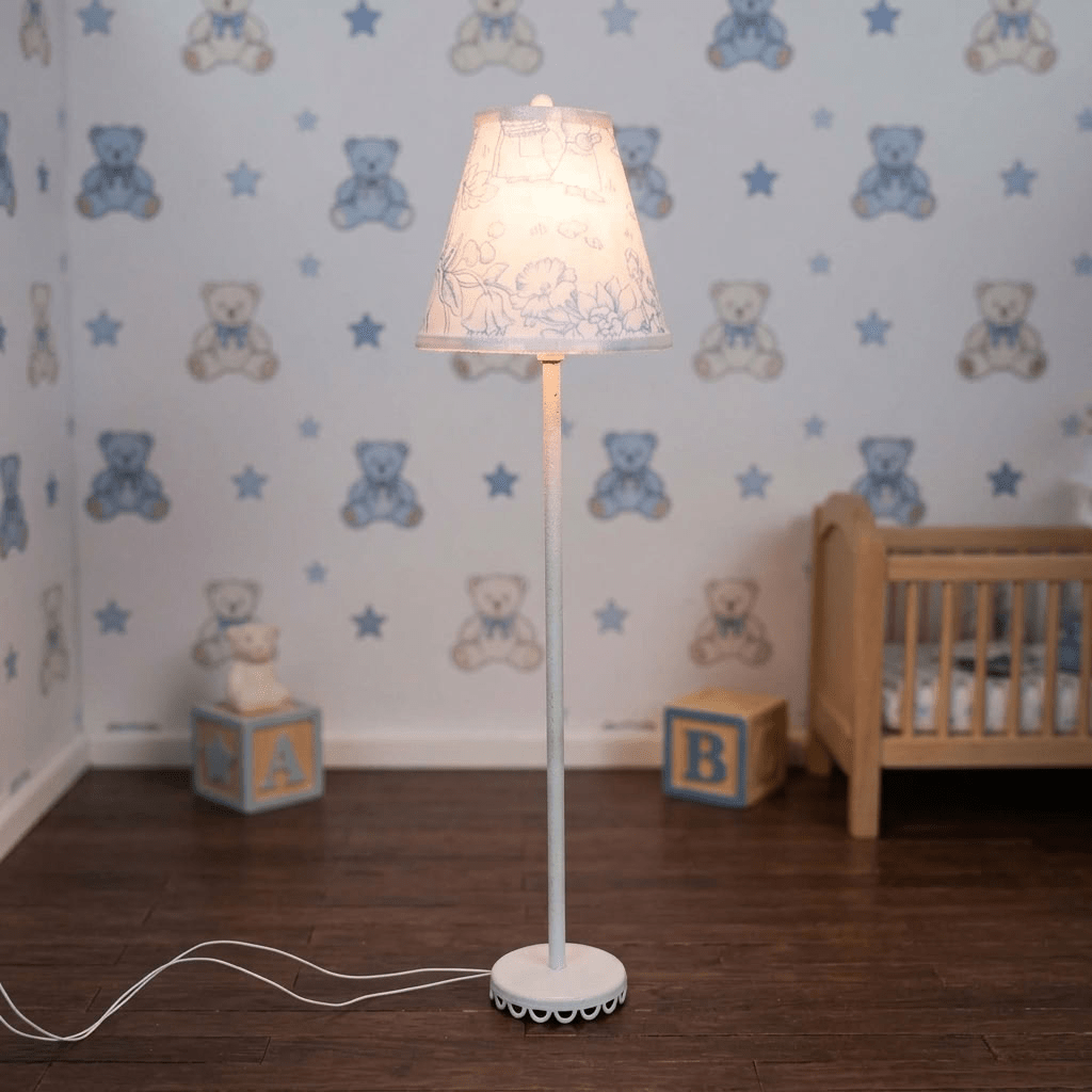 Dollhouse Nursery Floor Lamp Blue Shade White Base 12 Volt Wired 1:12 - MiniatureCrush