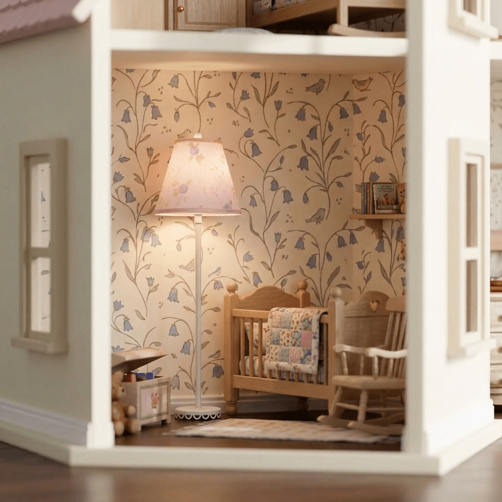 Dollhouse Nursery Floor Lamp Pink Shade White Base 12 Volt Wired 1:12 - MiniatureCrush